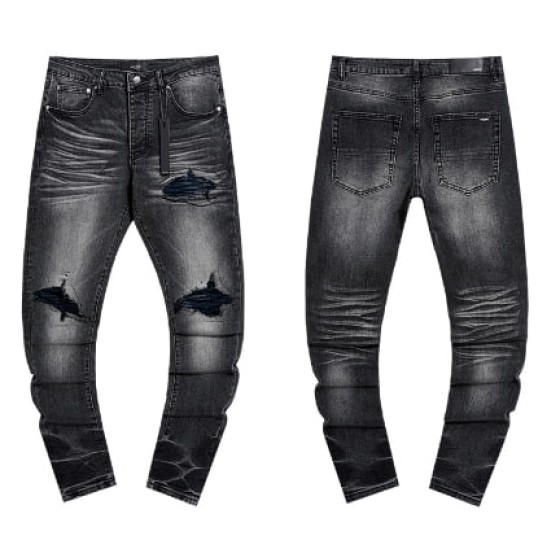 Grey Washed Denim Jeans with Blue Lined Distressing